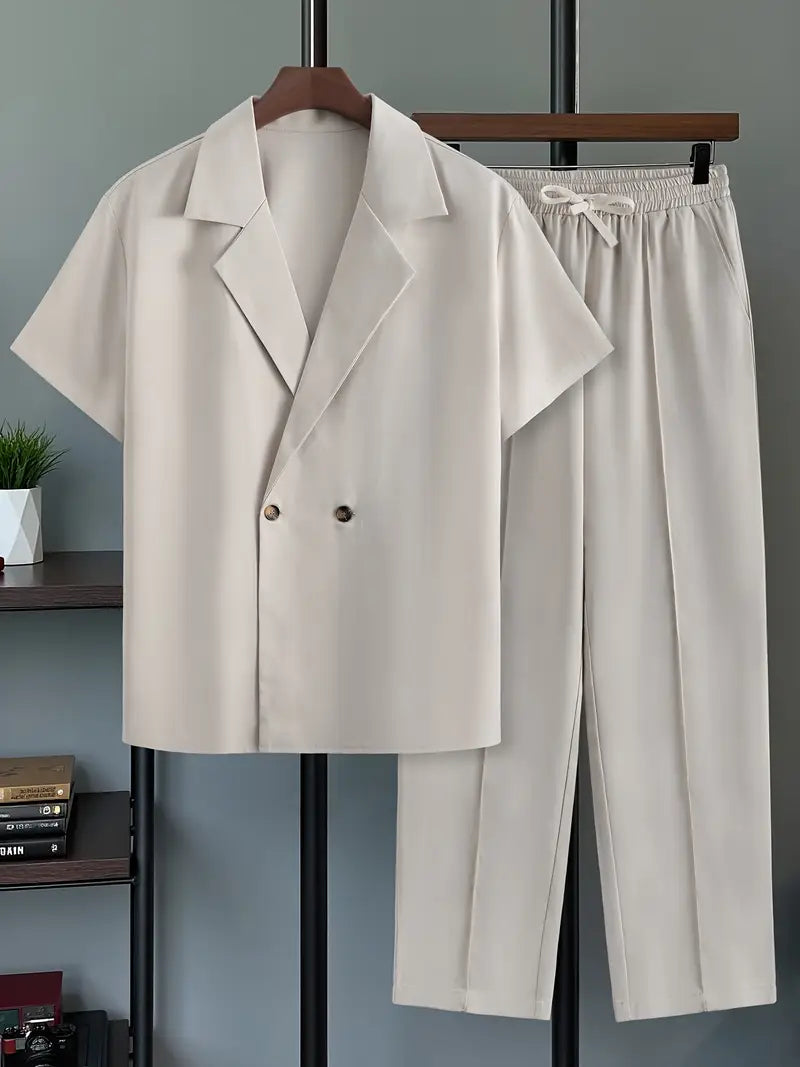 Men's Four-Season Suit Collar Double-Breasted Casual Short Sleeve Shirt + Drape Leisure Drawstring Slant Pocket Loose Long Trousers Set