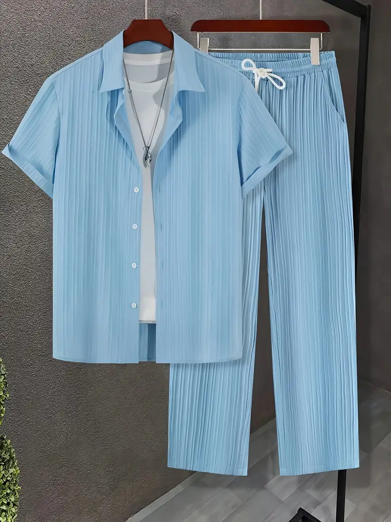 Cross-border Men's Casual Sportswear Top and Bottom Set - Sky Blue