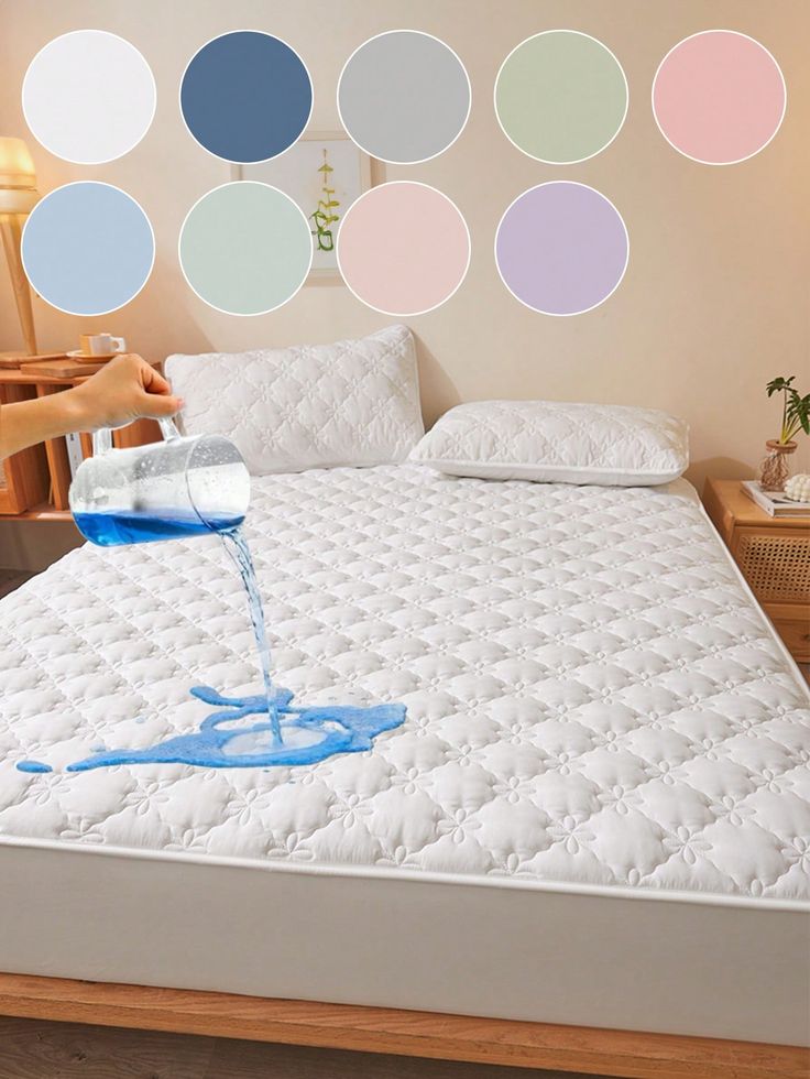 MAT Solid Colour Quilted Ultrasonic 100% Waterproof Mattress Cover For Double Bed Fitted Mattress Protector Anti Sleep Bed Sheet (White)
