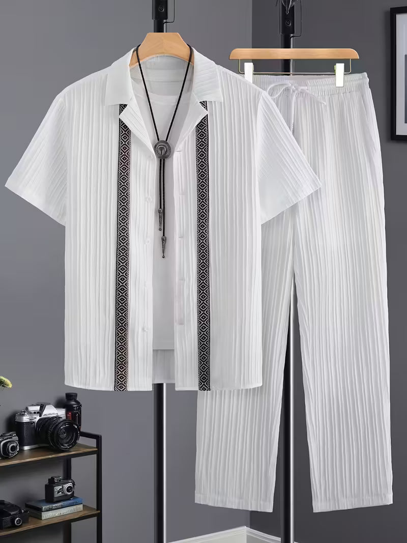 Mature Men's French Stripe Textured Fabric Two-Piece Set -  Four Seasons Fashion Suit