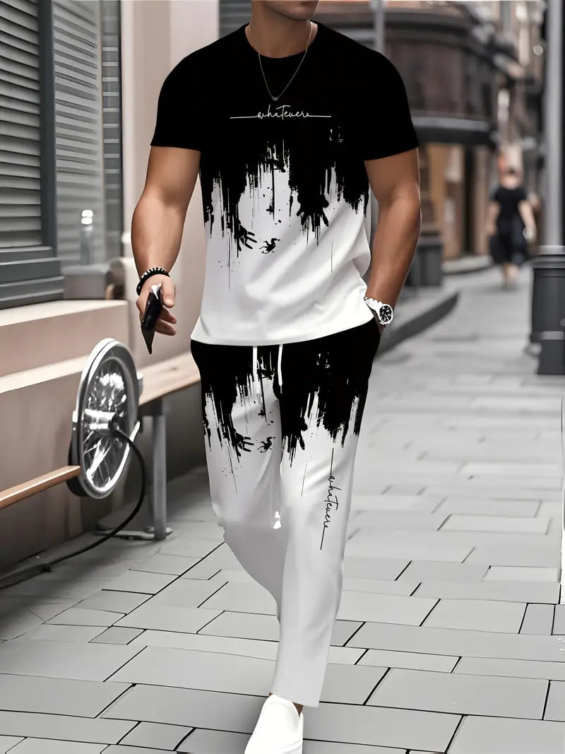 Men's Printed Short Sleeve T-Shirt + Long Pants Set Casual Sportswear Breathable Outdoor