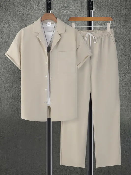 Men's Lapel Sleeve Shirt with Pockets + Drawstring Pants Set