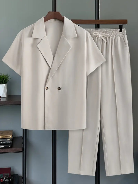Men's Four-Season Suit Collar Double-Breasted Casual Short Sleeve Shirt + Drape Leisure Drawstring Slant Pocket Loose Long Trousers Set
