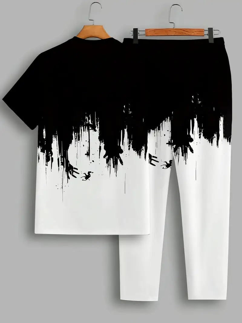 Men's Printed Short Sleeve T-Shirt + Long Pants Set Casual Sportswear Breathable Outdoor