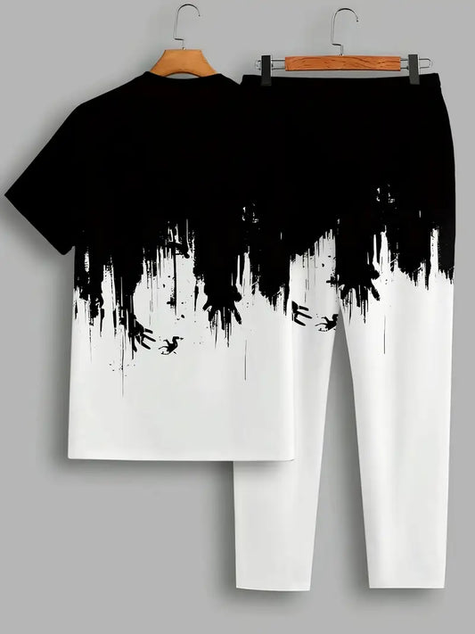 Men's Printed Short Sleeve T-Shirt + Long Pants Set Casual Sportswear Breathable Outdoor