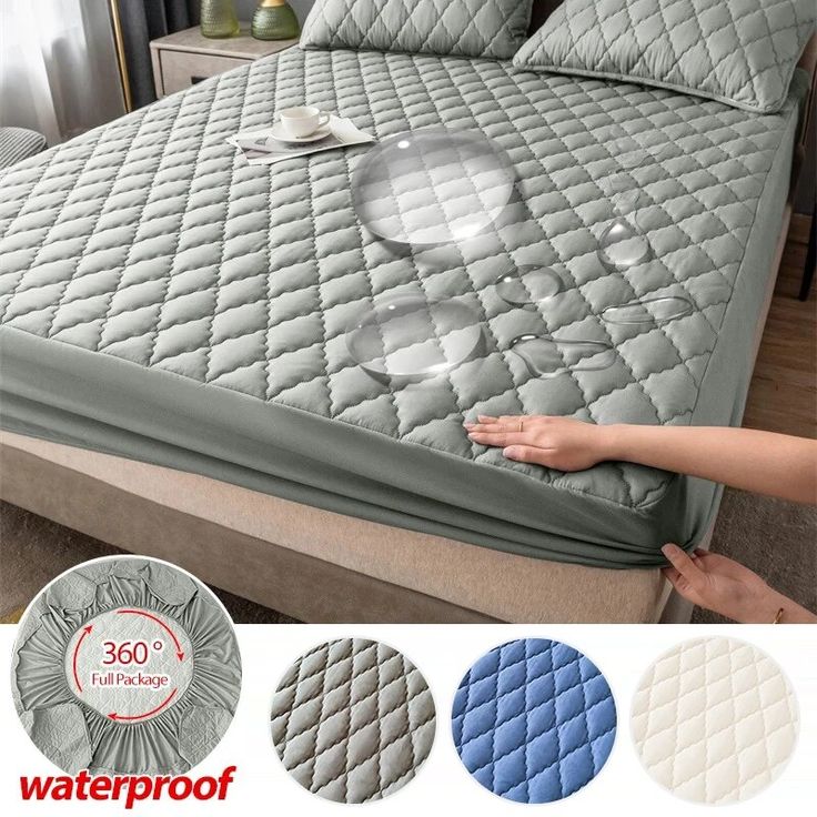 MAT Solid Colour Quilted Ultrasonic 100% Waterproof Mattress Cover For Double Bed Fitted Mattress Protector Anti Sleep Bed Sheet (Grey)