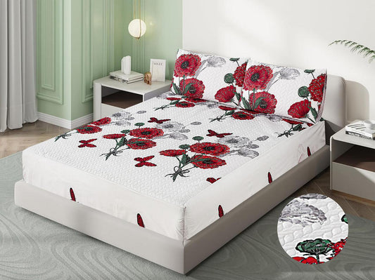 Mat Printed Quilted Ultrasonic 100% Waterproof Mattress Cover For Double Bed Fitted Mattress Protector Anti Sleep Bed Sheet With Pillow Covers(Red Roses)